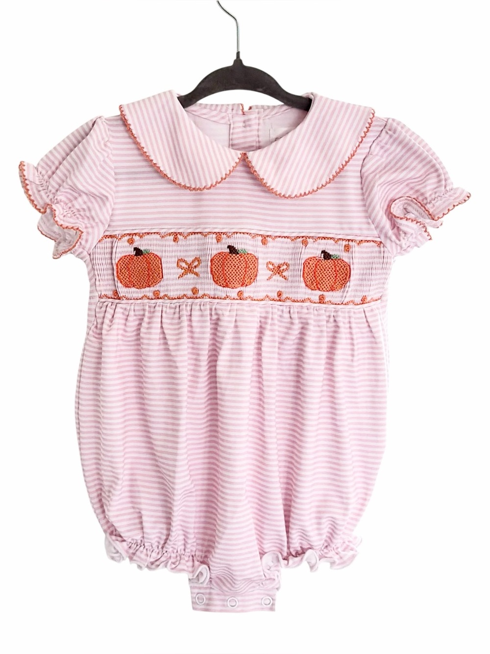 Cecil & Lou Smocked Pumpkin Bubble Romper, Halloween Stripes Peter Pan Pink Knit